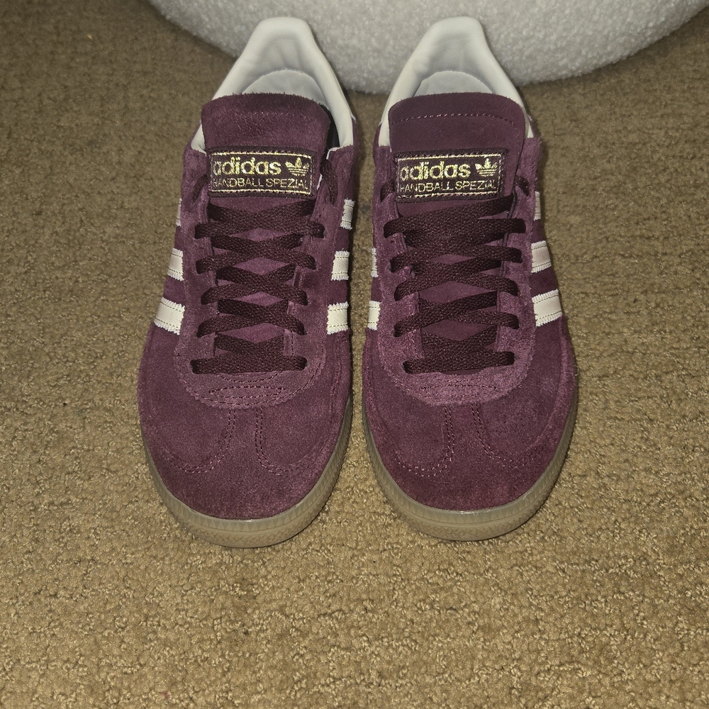 adidas Handball Spezial Women's Burgundy Suede Sneakers with White Stripes